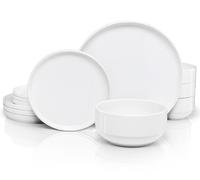 Vase and Vessel Ceramic Dinnerware Set, 12-Piece Service for 4, Soup Bowls (31.5 oz), Salad Plates (7.5"), Dinner Plates (10.5"), Round, Microwave and Dishwasher Safe, Cambridge Classics (White)