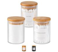Vase and Vessel Mini Glass Apothecary Jars with Bamboo Lids, Small Bathroom and Kitchen Storage Containers, For Cotton Balls, Pads and Swabs, 10 oz, Set of 3 (Clear)