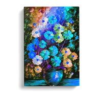 Vase Of Flowers No.5 Black, Teal, Peach Canvas Print | Gallery Wrapped 30mm Frame Wall Art | 30x20 inches | Ready to Hang | Contemporary Floral Picture | Living Room Bedroom Lounge Office
