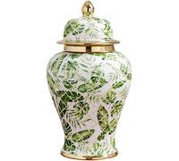 Vase Tabletop Ceramic Vase Ginger Jar with Lid for Home Decoration White Green Leaf Pattern Temple Traditional Chinese Porcelain Dried Flower(L)