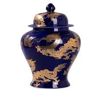 Vase Tabletop Chinese Tradition Ginger Jar with Lid and Gold Dragon Pattern Porcelain Large Ceramic Temple Handicraft Decorative for Home Decor(bule,M)