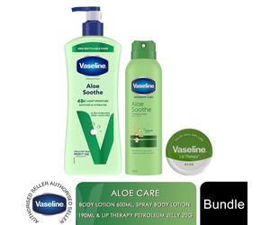 Vaseline Aloe Soothe Care Bundle Lotion 600ml, Spray 190ml & Lip Therapy 20g Set