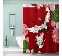 VASENA 3d Shower Curtain Japanese Style Red Japanese Crane Bathroom Curtain Anti Mould Waterproof Personalized Funky Shower Curtain with Weighted Hem with Hooks 200x200 cm