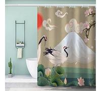 VASENA Japanese Style Shower Curtain Long 200x220 cm 3D Printed Cherry Blossom Crane Bird Shower Curtain Luxury Waterproof Quick Dry Bath Curtains for Shower with Rust Proof Eyelets