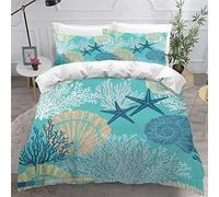 VASENA Small Double Duvet Cover Marine Life Bedding Polyester Microfiber Anti-Allergic 3 Pieces Sea Shells Coral Hand Drawn Quilt Cover Childrens Bedding Double Bed set Zipper（200x200）