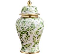 Vases White Green Leaf Pattern Ginger Jar With Lid For Home Decor Ceramic Vases Temple(25 * 48cm)