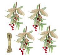 Vaskula Pack of 4 Mistletoe Decoration 22 cm Christmas Mistletoe Branches with Red Berries Pine Cones Bow Sequins Hemp Rope Hanging Artificial Mistletoe for Christmas Decoration