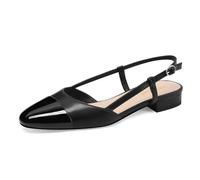 Vaslemuse Women Slingabck Flats Double Strap Block Low Heel Sandals Two Toned Classic Dress Shoes with Buckle, Black, 5 UK