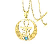 VASSAGO Ankh Cross Eye of Horus Turquoise Necklace Ancient Egyptian Key of Life Pendant Winged Sun Disk Symbol Protection Amulet Religious Jewelry for Women Men