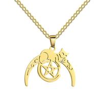 VASSAGO Cat on Moon Pentagram Pendant Necklace Celtic Crescent Moon Star Pentacle Magic Wicca Jewelry Witchcraft Talisman for Men Women (Cat-Gold)