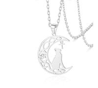 VASSAGO Egyptian Ankh Necklace Stainless Steel Bastet Cat Eye of Horus Pendant Necklace Egypt Bastet Jewelry Gifts for Women Men (silver moon cat)