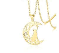 VASSAGO Egyptian Ankh Necklace Stainless Steel Bastet Cat Eye of Horus Pendant Necklace Egypt Bastet Jewelry Gifts for Women Men (gold moon cat)