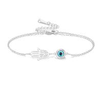 VASSAGO Evil Eye Bracelet for Women Blue Evil Eye Charm Adjustable Link Bracelets Stainless Steel Dainty Turkish Lucky Protection Bracelets Jewelry Gift for Men Her (Silver Evil Eye Hamsa)