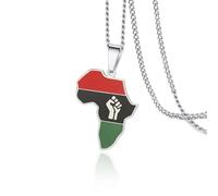 VASSAGO Fist Power in Pan African Necklace for Women Stainless Steel Colored Africa Map Pendant Necklace Africa Map Continent Hiphop Jewelry Gift for Men (Silver Fist Pan Africa Map necklace)