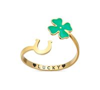 VASSAGO Four Leaf Clover Horseshoe Ring for Women Stainless Steel Adjustable Ring with LUCKY Engraving St. Patrick's Day Irish Lucky Protection Jewelry (Gold)