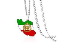 VASSAGO Iran Map Necklace Stainless Steel Lion and Sun Persian Flag Pendant Necklace Iranian Persian Jewelry (Silver 1)