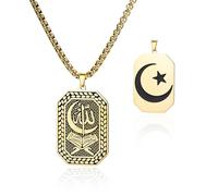 VASSAGO Islamic Necklace for Men Double Sided Allah Crescent Moon Star Dog Tag Pendant Stainless Steel Muslim Jewelry Religious Gift for Ramadan Eid (Gold)