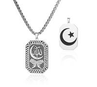VASSAGO Islamic Necklace for Men Double Sided Allah Crescent Moon Star Dog Tag Pendant Stainless Steel Muslim Jewelry Religious Gift for Ramadan Eid (Silver)