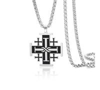 VASSAGO Jerusalem Cross Necklace Stainless Steel Crusaders Cross Pendant Necklace Religious Statement Prayer Amulet Medieval Baptism Jewelry Gift for Men Women (black)