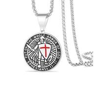 VASSAGO Knights Templar Necklace for Men Armor of God Ephesians 6:13-17 Crusader Knights Cross Pendant Medieval Warrior Christian Catholic Religious Protection Jewelry (Silver 2)