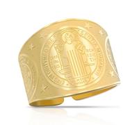 VASSAGO Saint Benedict Medal Ring Stainless Steel Adjustable Medalla De San Benito Ring Christian Catholic Cross Exorcism Bible Verse Protection Religion Jewelry for Men Women (Gold)