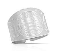 VASSAGO Saint Benedict Medal Ring Stainless Steel Adjustable Medalla De San Benito Ring Christian Catholic Cross Exorcism Bible Verse Protection Religion Jewelry for Men Women (Silver)