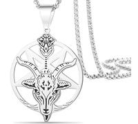 VASSAGO Satanic Pentagram Baphomet Necklace, Upside Down Pentacle Pendant Stainless Steel Satanism Church Punk Gothic Jewelry Gifts Satan Goat Rosary Beads Necklace for Men Women