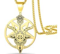 VASSAGO Satanic Pentagram Baphomet Necklace, Upside Down Pentacle Pendant Stainless Steel Satanism Church Punk Gothic Jewelry Gifts Satan Goat Rosary Beads Necklace for Men Women