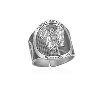 VASSAGO St Michael San Miguel Ring Stainless Steel Adjustable Saint Michael Rings The Great Protector Archangel Defeating Satan Amulet Religious Jewelry for Men Women (Silver 2)