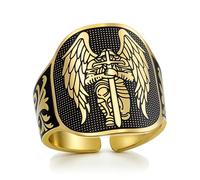 VASSAGO St Michael San Miguel Ring Stainless Steel Adjustable Saint Michael Rings The Great Protector Archangel Defeating Satan Amulet Religious Jewelry for Men Women，Gold