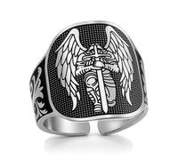 VASSAGO St Michael San Miguel Ring Stainless Steel Adjustable Saint Michael Rings The Great Protector Archangel Defeating Satan Amulet Religious Jewelry for Men Women，Silver