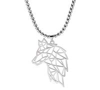 VASSAGO Stainless Steel Wolf Head Pendant Necklace Geometric Hollow Out Design Animal Charm Wide Chain Necklaces for Men Teens Wolf Lover Gifts (silver)