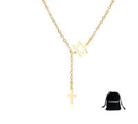 VASSAGO Star of David Cross Necklace for Women Stainless Steel Jewish Star Y Necklace Christian Cross Pendant Religious Talisman Amulet Israel Jewelry (gold Y chain)