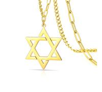 VASSAGO Star of David Pendant Necklace Solomon Six-Pointed Star Talisman Stainless Steel Hexagram Jewish Israel Jewelry for Men (Gold-Paperclip Chain)