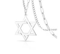 VASSAGO Star of David Pendant Necklace Solomon Six-Pointed Star Talisman Stainless Steel Hexagram Jewish Israel Jewelry for Men (Silver-Paperclip Chain)