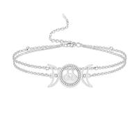 VASSAGO Triple Moon Goddess Bracelet Stainless Steel Celtic Knot Charm Bracelet Adjustable Layered Anklet Wicca Amulet Irish Jewelry for Women (silver layered bracelet)