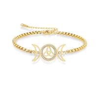 VASSAGO Triple Moon Goddess Bracelet Stainless Steel Celtic Knot Charm Bracelet Adjustable Layered Anklet Wicca Amulet Irish Jewelry for Women (gold-box chain)