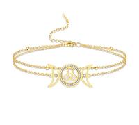 VASSAGO Triple Moon Goddess Bracelet Stainless Steel Celtic Knot Charm Bracelet Adjustable Layered Anklet Wicca Amulet Irish Jewelry for Women (gold layered bracelet)