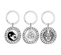 VASSAGO Viking Runes Keychains 3 Pieces Stainless Steel Coin Pendant Key Chain Celtic Symbol Wolf Raven Hrunger Heart Keyring for Men Women, Steel Color, Default