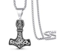 VASSAGO Viking Thor's Hammer Necklace for Men, Vintage Norse Mjolnir Pendant Necklaces Stainless Steel Nordic Pagan Amulet Jewelry (Mjolnir Necklace-S)