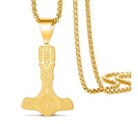 VASSAGO Viking Thor's Hammer Necklace for Men, Vintage Norse Mjolnir Pendant Necklaces Stainless Steel Nordic Pagan Amulet Jewelry (Thor's Hammer Necklace-G)