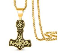 VASSAGO Viking Thor's Hammer Necklace for Men, Vintage Norse Mjolnir Pendant Necklaces Stainless Steel Nordic Pagan Amulet Jewelry (Mjolnir Necklace-G)