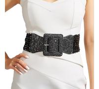 VASTLUCKY Women Elastic Wide Waist Belt for Dresses Sequin Glitters Cinch Corset Belt Stretchy Waistband Chunky Buckle Belts, Square-ring Black, Medium