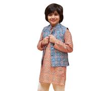 VASTRAMAY Blue Nehru Jacket Boys Classic Elegant Sleeveless Moroccan Pattern Printed Silk Blend Jacket Boys Navratri Special Traditional Ethnic Vest Perfect for Boys, blue, 4-5 Jahre