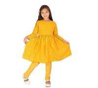 VASTRAMAY Handmade Georgette Kurta and Churidar Set for Girls - Mirrored Embroidery, Ruched Waist and Button Closure, jaune, 11-12 Y