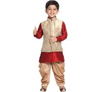 VASTRAMAY Kids Gold Cotton Silk Blend Kids Nehru Modi Kurta Jacket & Pajama Set, Garnet & Gold, 5-6 Y