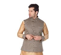 VASTRAMAY Men's Black Cotton Silk Blend Ethnic Jacket, Black and Gold, M