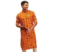 VASTRAMAY Mens Cotton Blend Kurta Longline Pathani Style Rayon Printed Kurta for Festivals Stylish Comfortable Perfect for Celebrations & Cultural Events Navratri & Diwali, yellow, XXL