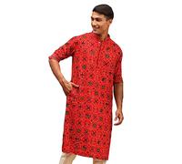 VASTRAMAY Mens Cotton Blend Kurta Longline Pathani Style Rayon Printed Kurta for Festivals Stylish Comfortable Perfect for Celebrations & Cultural Events Navratri & Diwali, red, L