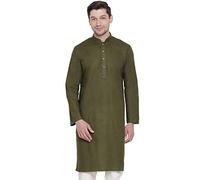 VASTRAMAY Men's Cotton Linen Blend Kurta | Traditional Indian Tunic | Casual Ethnic Wear | Wedding & Festive Partywear, Mahendi Green, S